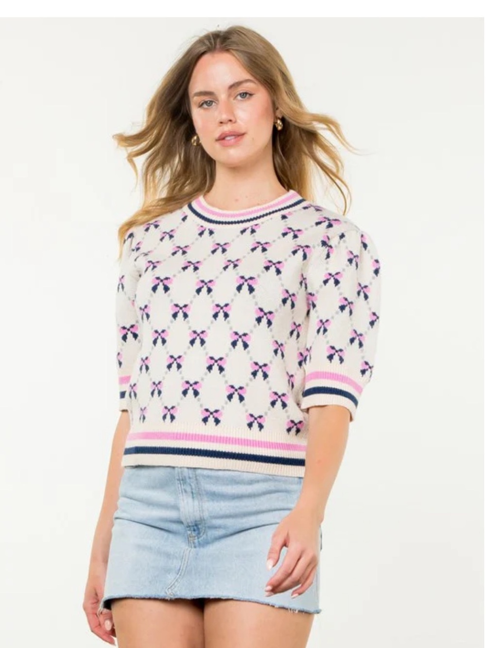Bow Sweater Cream Knit Puff-Sleeve Sweater with Pink & Navy Pattern xs